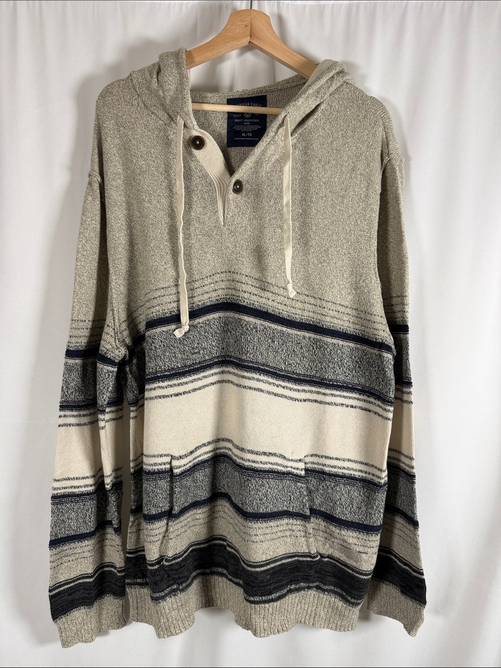 American Eagle Outfitters Crewneck Hooded Stripe Sweater - Beige, Navy & Cream
